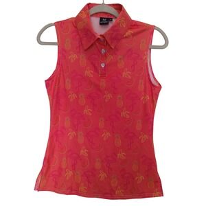 Golf Gentry Sleeveless Polo Women XS Coral Pink Tropical Flamingo Fruit Print